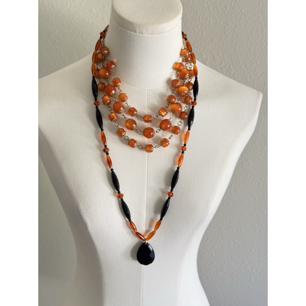 Vintage Amber Tone Black Beaded Necklace Long Drop Layered Statement Dark Goth